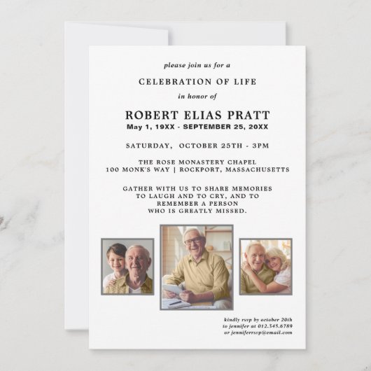 ライフお祝い白黒3フォト招待状 招待状 (正面)