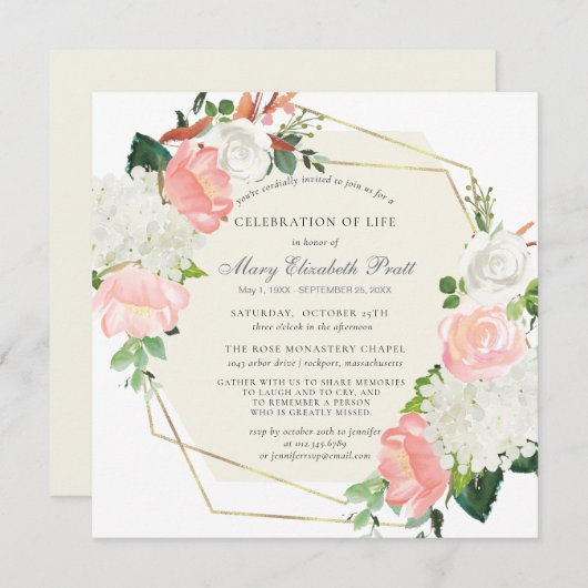 ライフお祝い葬儀ピンクホワイトローズフローラ 招待状 (正面/裏面)