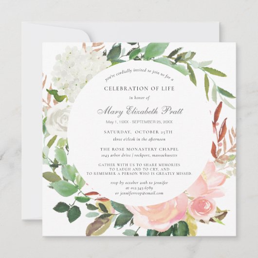 ライフお祝い葬儀ピンクホワイトローズフローラ 招待状 (正面)
