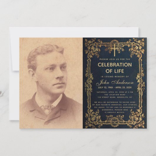 ライフお祝い葬儀フォトブルー金ゴールドつる植物 招待状 (正面)