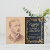 ライフお祝い葬儀フォトブルー金ゴールドつる植物 招待状 (スタンド正面)