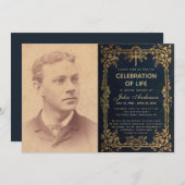 ライフお祝い葬儀フォトブルー金ゴールドつる植物 招待状 (正面/裏面)