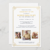 ライフお祝い葬儀金ゴールドホワイト3写真イン 招待状 (正面/裏面)