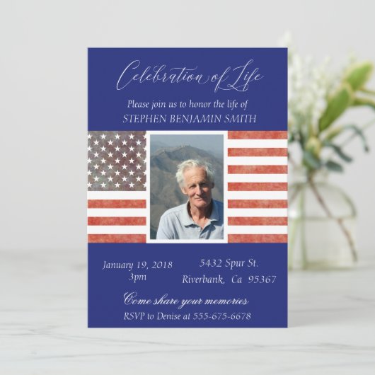 ライフお祝い記念退役軍人国旗の青 招待状 (スタンド正面)