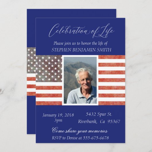 ライフお祝い記念退役軍人国旗の青 招待状 (正面/裏面)