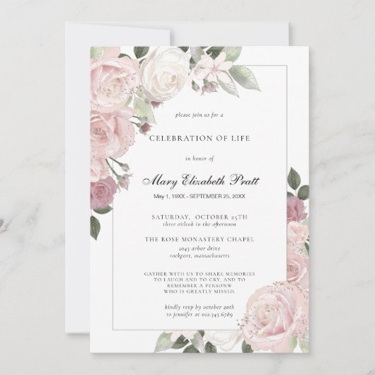 ライフお祝い赤面ピンクローズ素朴フローラ 招待状 (正面)