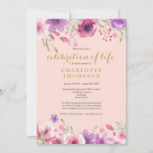 ライフお祝い赤面ピンク金ゴールドフローラ写真 招待状 (正面)