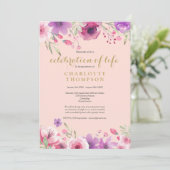 ライフお祝い赤面ピンク金ゴールドフローラ写真 招待状 (スタンド正面)