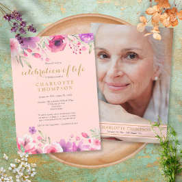 ライフお祝い赤面ピンク金ゴールドフローラ写真 招待状