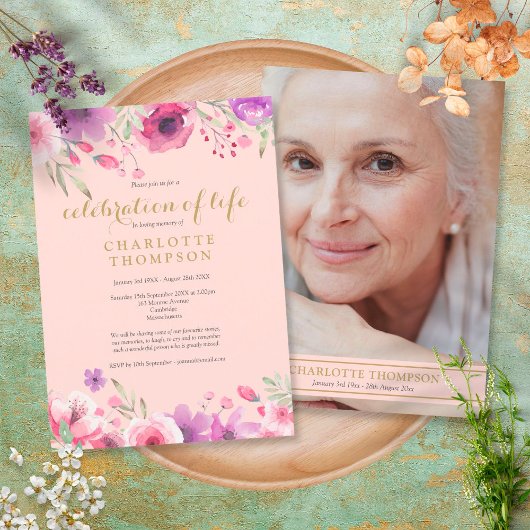 ライフお祝い赤面ピンク金ゴールドフローラ写真 招待状