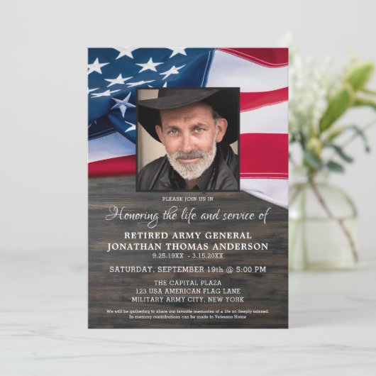 ライフお祝い軍隊退役軍人米国国旗 招待状 (スタンド正面)