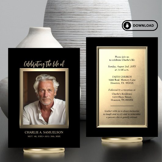 ライフお祝い金ゴールドブラック写真招待状 カード