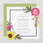ライフのお祝いボホモダンピンクイエローフローラ 招待状 (正面/裏面)