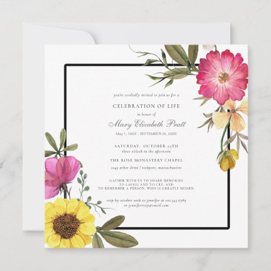 ライフのお祝いボホモダンピンクイエローフローラ 招待状 (正面)