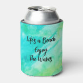 ライフのビーチザ楽しむウェーブブルーのテクスチャ引用文 缶クーラー (缶正面)