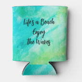 ライフのビーチザ楽しむウェーブブルーのテクスチャ引用文 缶クーラー (正面)