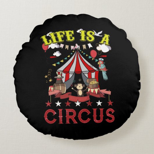 ライフはサーカスカーニバルテントおもしろいパーティー ラウンドクッション (正面)