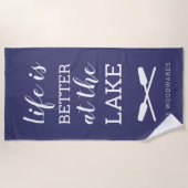ライフは湖で良いタイポグラフィネイビーブルー ビーチタオル (正面)