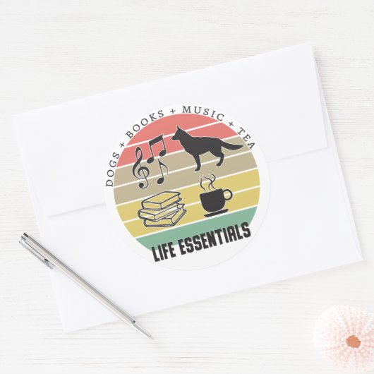 ライフエッセンシャルドッグ，紅茶，本，音楽ヴィンテージ ラウンドシール (封筒)