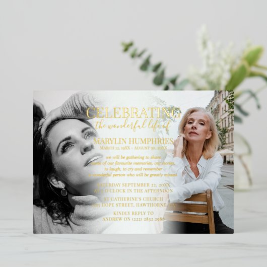 ライフエレガントフォト金ゴールドお祝い 箔招待状 (立ち正面)