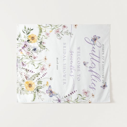 ライフオブバターフライパープルフローラブライダルシャワー タペストリー (正面(横))