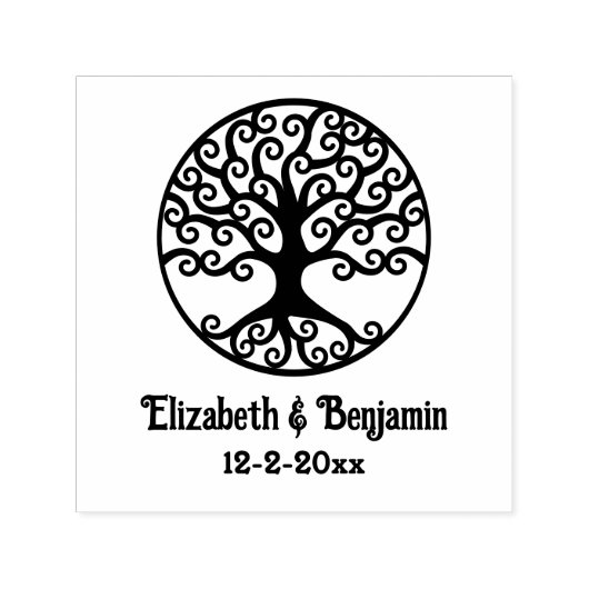 ライフカップル名のフレーム付きカーリーツリー日付 セルフインキングスタンプ (デザイン)