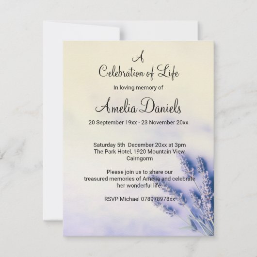 ライフカードの繊細なラベンダーお祝い 招待状 (正面)