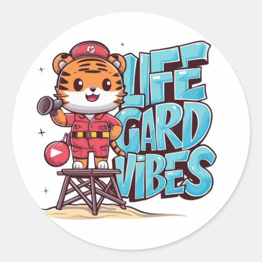 ライフガードの格好をした虎のキャラクター ラウンドシール (正面)