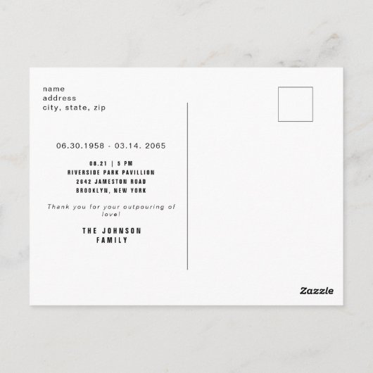 ライフギャザリングB/Wフォト招待状のお祝い ポストカード (裏面)