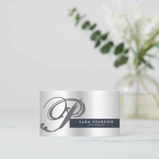 ライフコーチシルバーモノグラムビジネスカード 名刺 (スタンド正面)