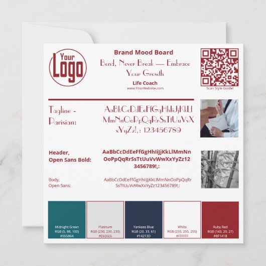 ライフコーチレッド&ホワイトブランドムードボードカード 招待状 (正面)