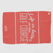 ライフズベターゴルフコース引用文タイポグラフィレッド ゴルフタオル (横)