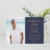 ライフセレブレーション ネイビーブルー ゴールド 葬儀 フォト 招待状 (スタンド正面)