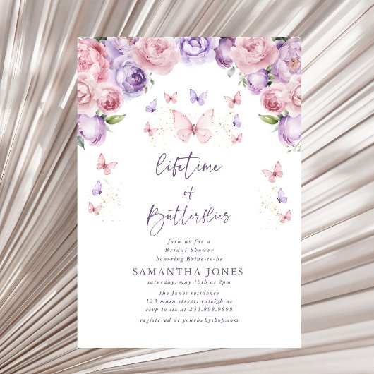 ライフタイムバタフライピンクパープルブライダルシャワー 招待状