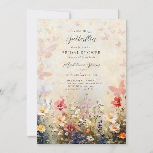 ライフタイムバタフライピーチワイルドフラワーブライダルシャワー 招待状 (正面)