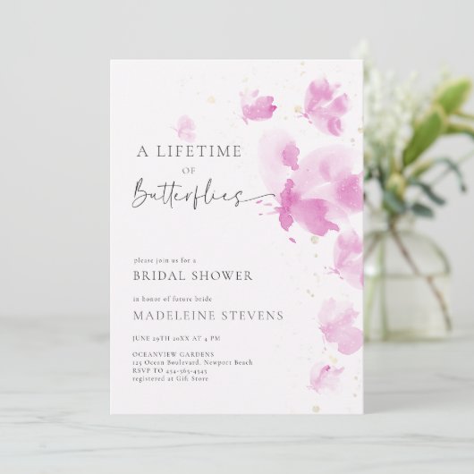 ライフタイムバタフライロマンチックピンクブライダルシャワー 招待状 (スタンド正面)