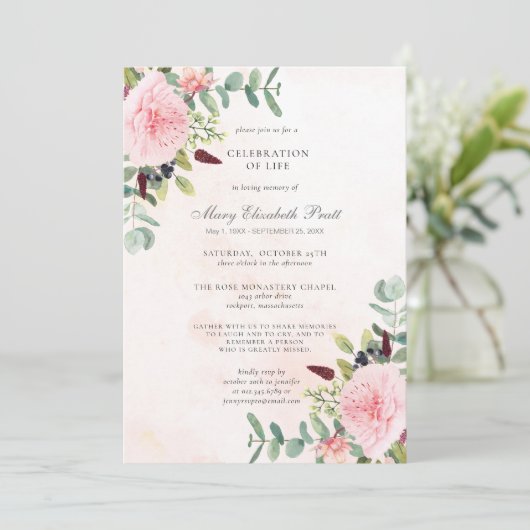 ライフピンクピーニーユーカリ葬儀のお祝い 招待状 (スタンド正面)