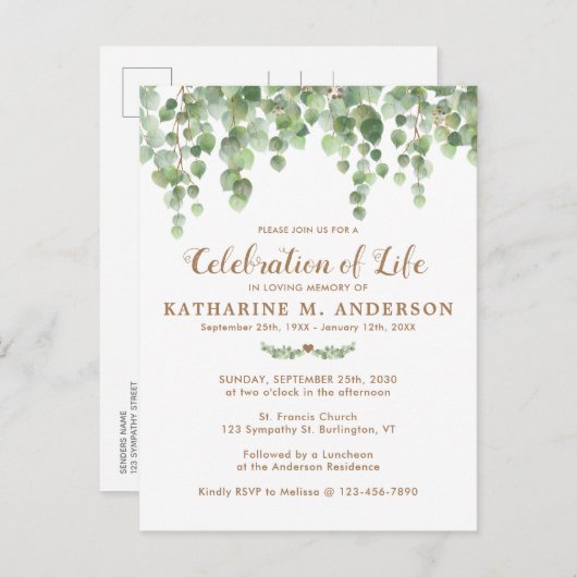 ライフユーカリの緑の葬儀のお祝い インビテーションポストカード (正面/裏面)