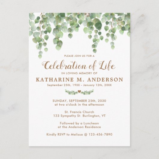 ライフユーカリの緑の葬儀のお祝い インビテーションポストカード (正面)