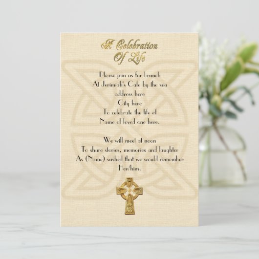 ライフ招待状ケルト結び目模様とクロスのお祝い 招待状 (スタンド正面)