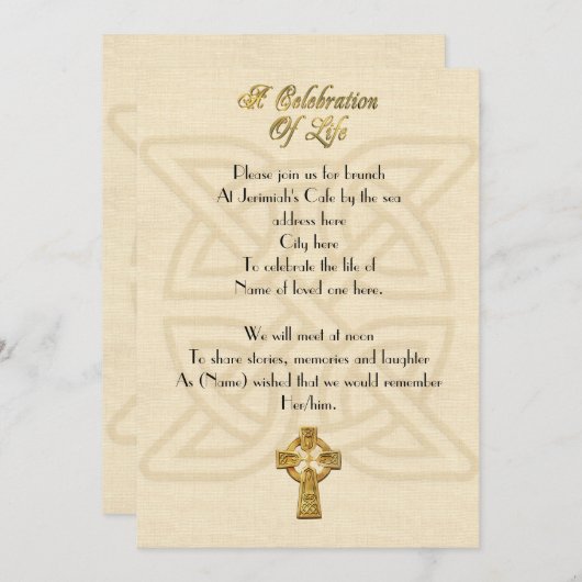 ライフ招待状ケルト結び目模様とクロスのお祝い 招待状 (正面/裏面)