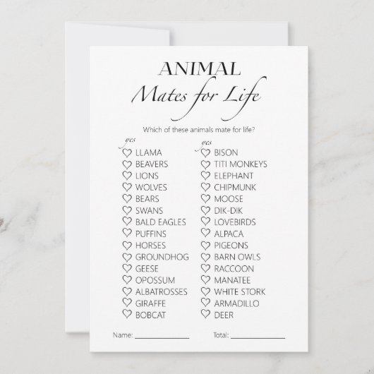 ライフ用アニマルメイトブライダルシャワーゲームカード 招待状 (正面)