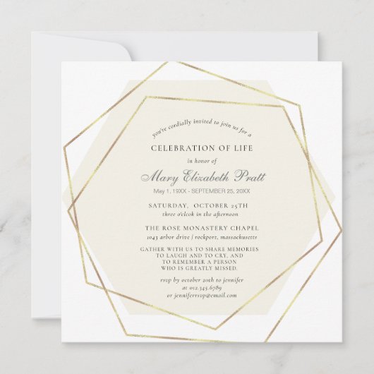 ライフ葬式金ゴールド幾何学模様のお祝い 招待状 (正面)