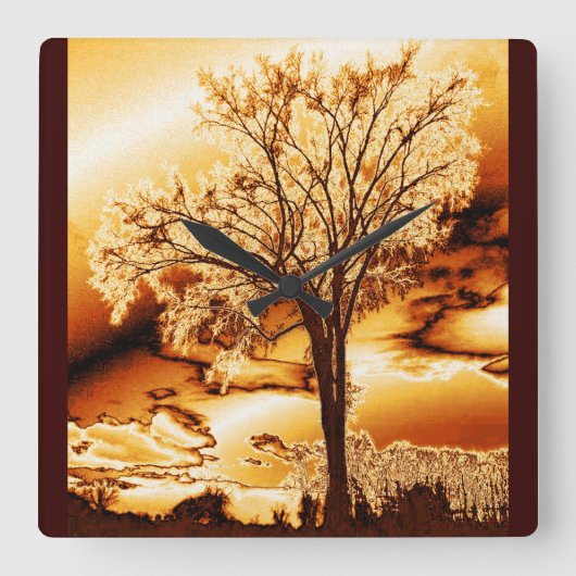 ライフ・ウォール・クロックの溶融金ゴールド・ツリー スクエア壁時計 (正面)