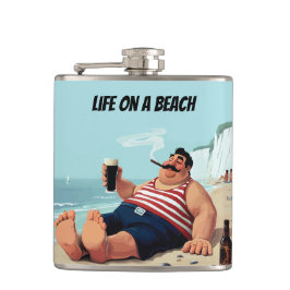 ライフ・オン・ビーチ、マン喫煙葉巻とビール飲み フラスク