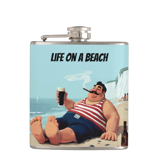 ライフ・オン・ビーチ、マン喫煙葉巻とビール飲み フラスク (正面)