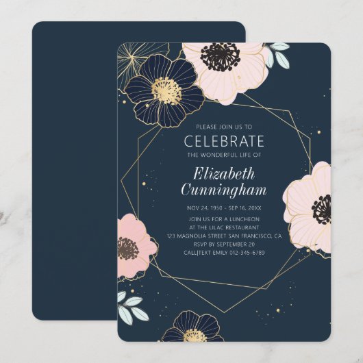 ライフ セレブレーション モダン エンボス フローラル ジオメトリック 招待状 (正面/裏面)