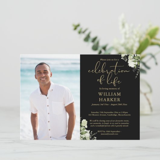 ライフ セレブレーション 緑の写真 ブラック ゴールド 招待状 (スタンド正面)