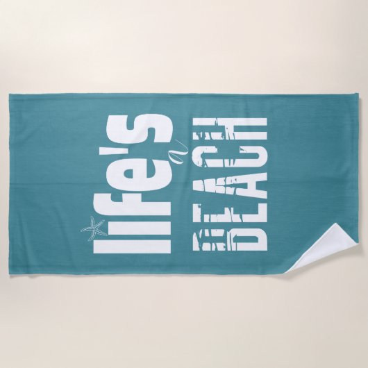ライフAビーチはっきりしたタイポグラフィティール(緑がかった色)背景 ビーチタオル (正面)
