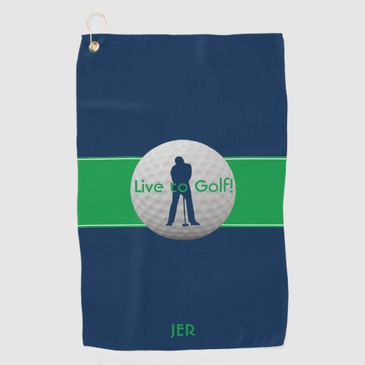 ライブゴルフ引用文タイポグラフィブルーグリーンモノグラム ゴルフタオル (正面)